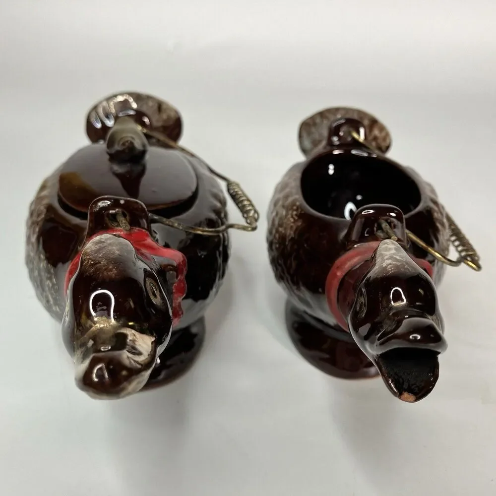 5 Piece VTG Redware Ceramic Duck Tea Set Teapot Cream Sugar Japan W/ Lids Animal
